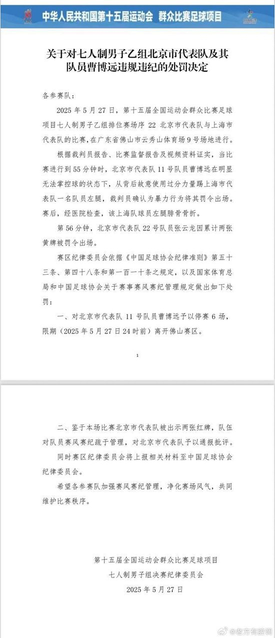 暴力犯规致对手腓骨骨折 曹博远停赛6场被逐出赛区 暴力犯规致对手腓骨骨折 曹博远停赛6场被逐出赛区