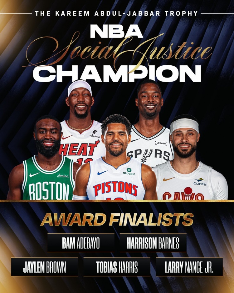 NBA社会正义冠军奖候选出炉：布朗、阿德巴约等5人入围